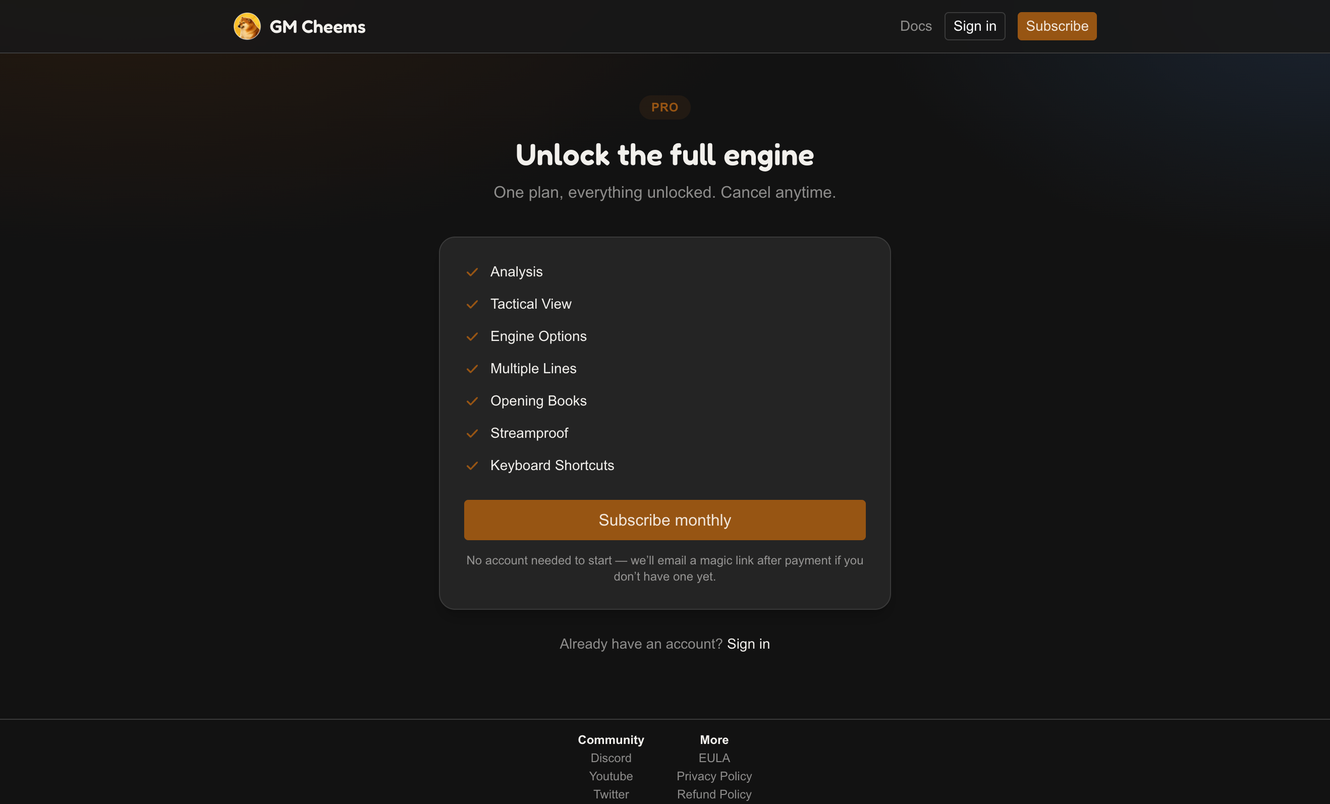 The subscribe page with the Pro feature list and checkout button