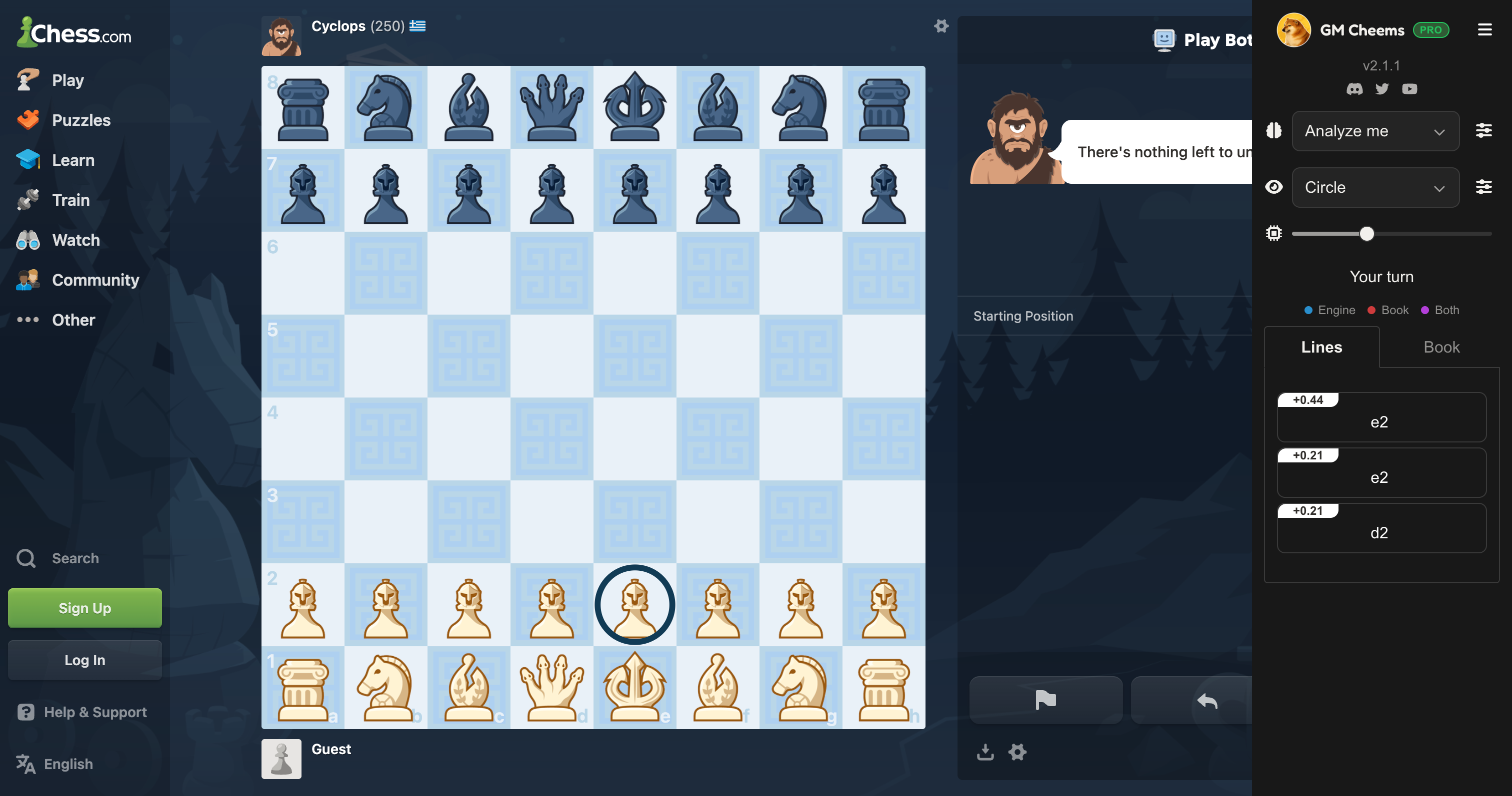 Expanded GM Cheems sidebar next to a Chess.com board