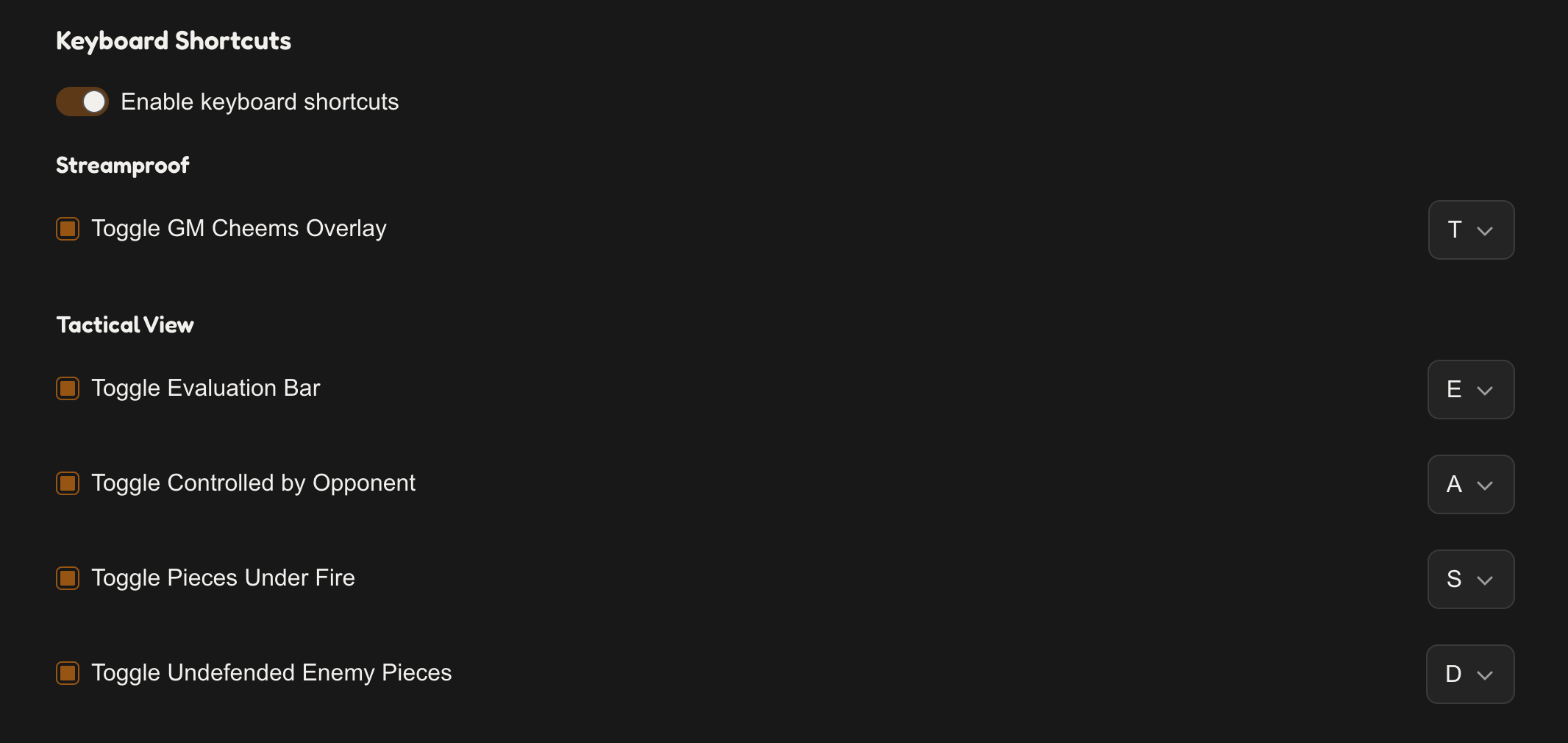 The Keyboard Shortcuts section of the settings page