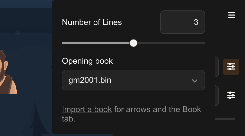 The Analysis popover with the Opening book dropdown