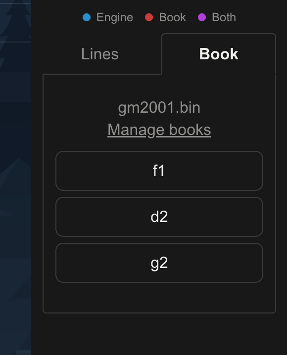 The Book tab showing book moves with a results bar