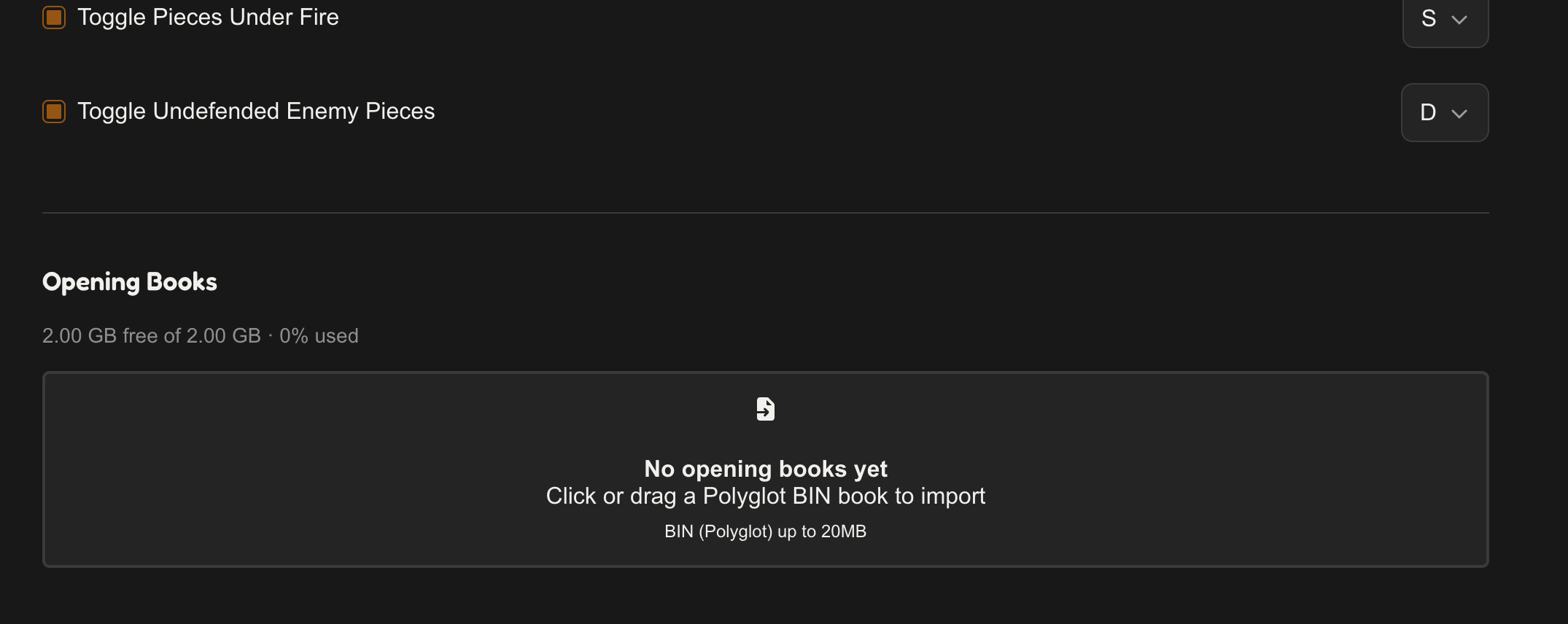 The Opening Books section of the settings page with the import drop zone