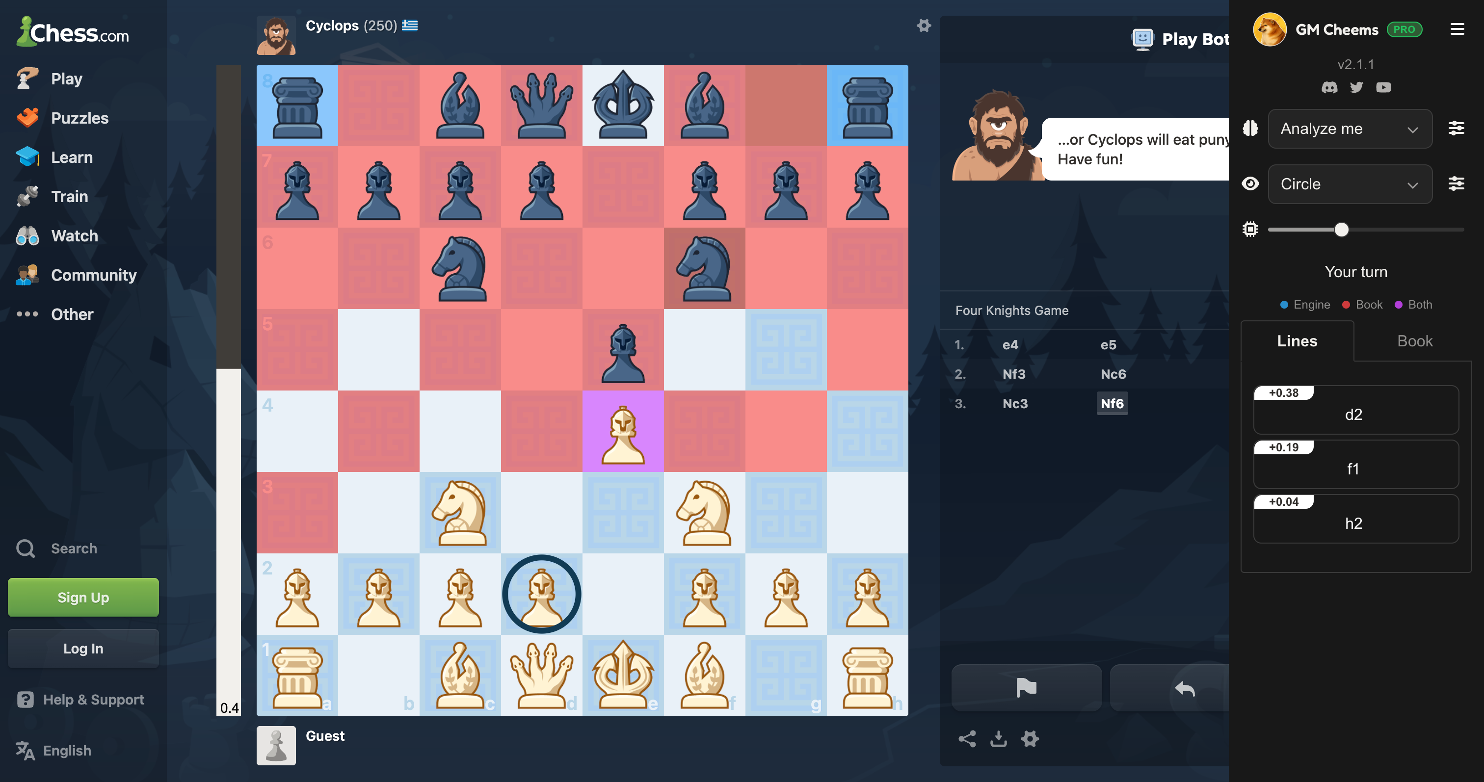 A board with Tactical View on: engine arrow, eval bar, and highlighted squares