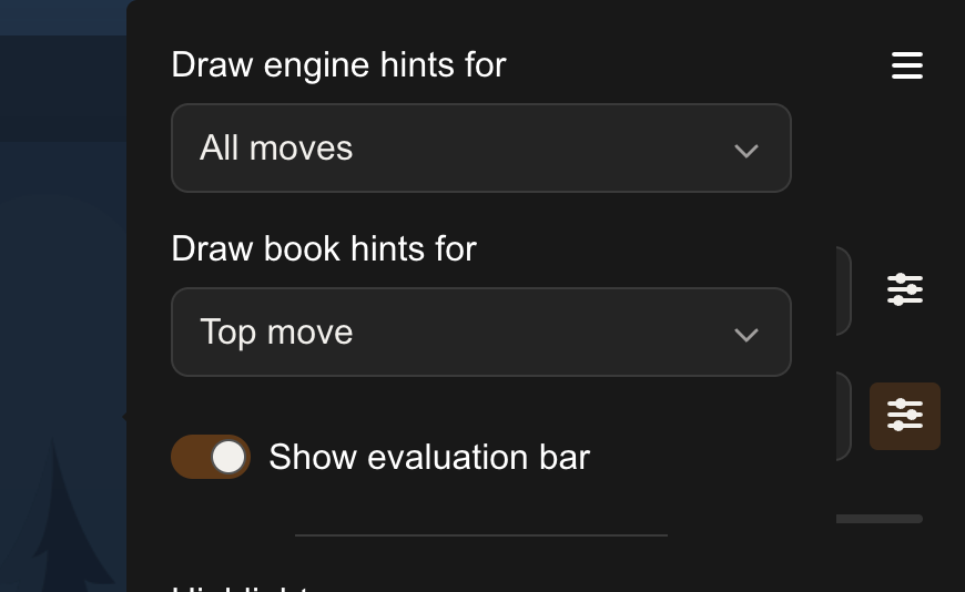 The Tactical View sliders popover with the engine-hints and book-hints dropdowns