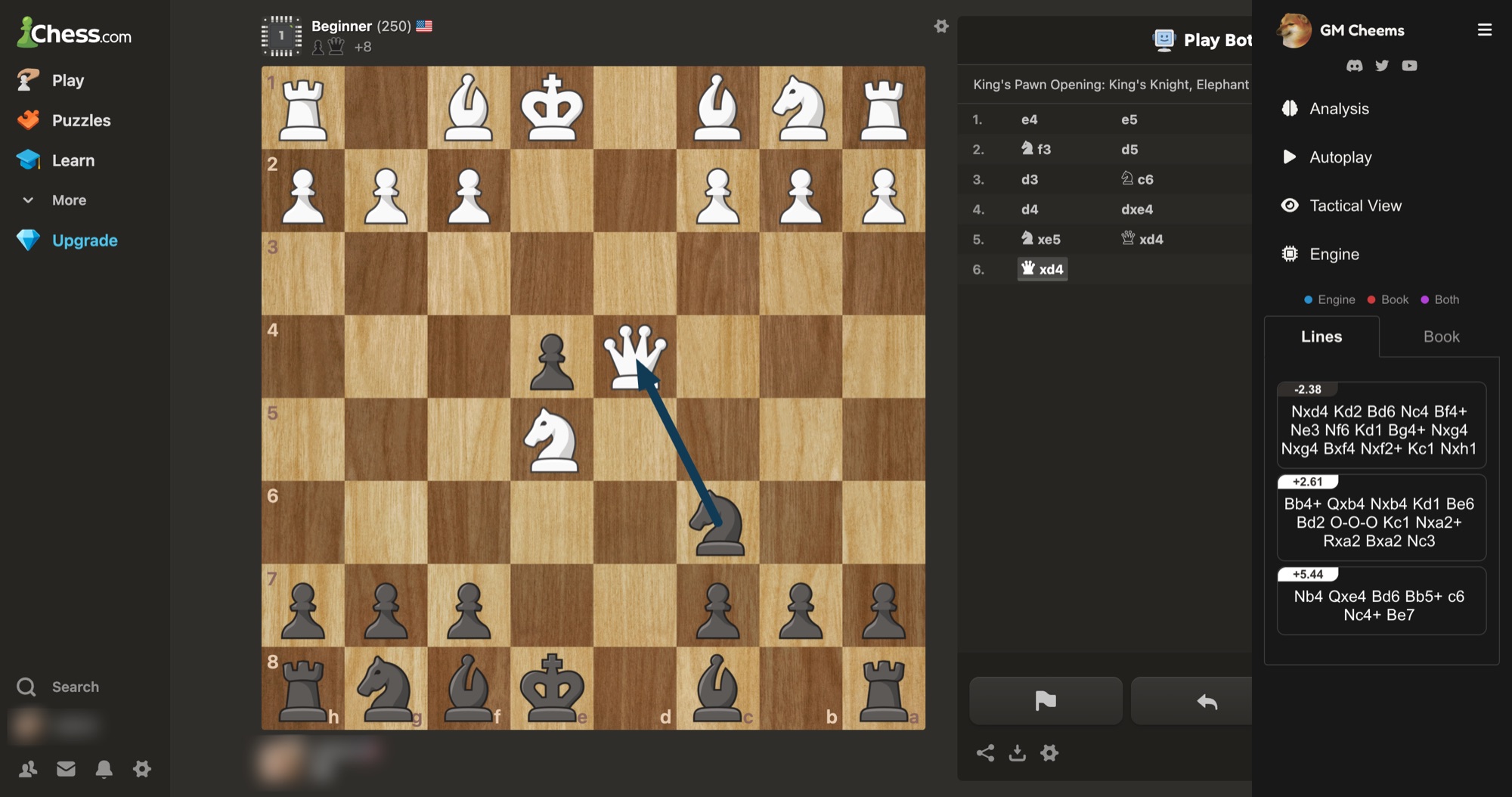 GM Cheems analyzing a live chess game with engine lines and evaluation