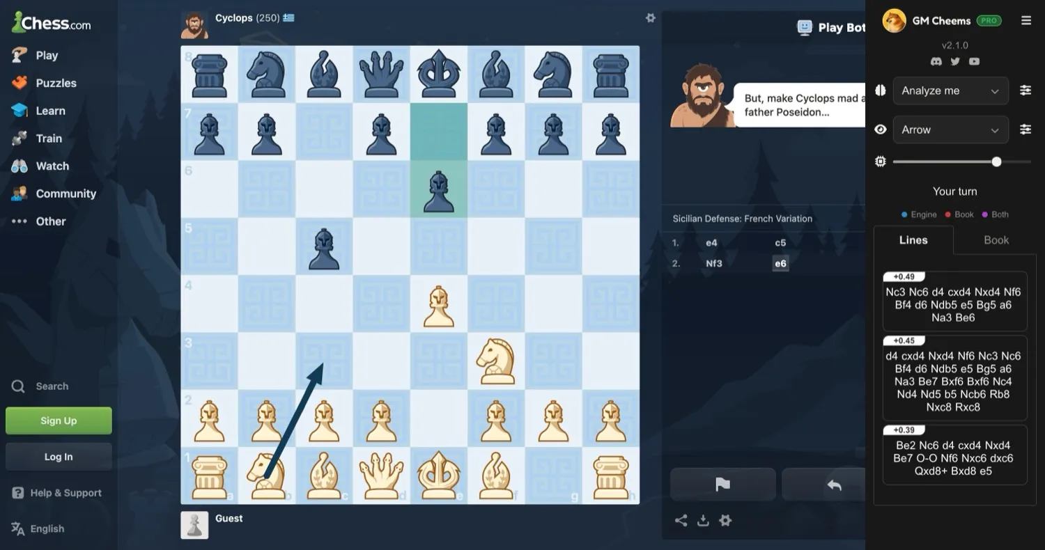 GM Cheems analyzing a live chess game with engine lines and evaluation